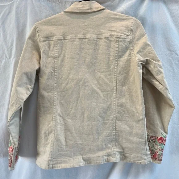 Denim & Co. Beige Jacket Women Small Floral Embroidered Cuffs Cozy Cotton‎ Blend - Picture 2 of 8